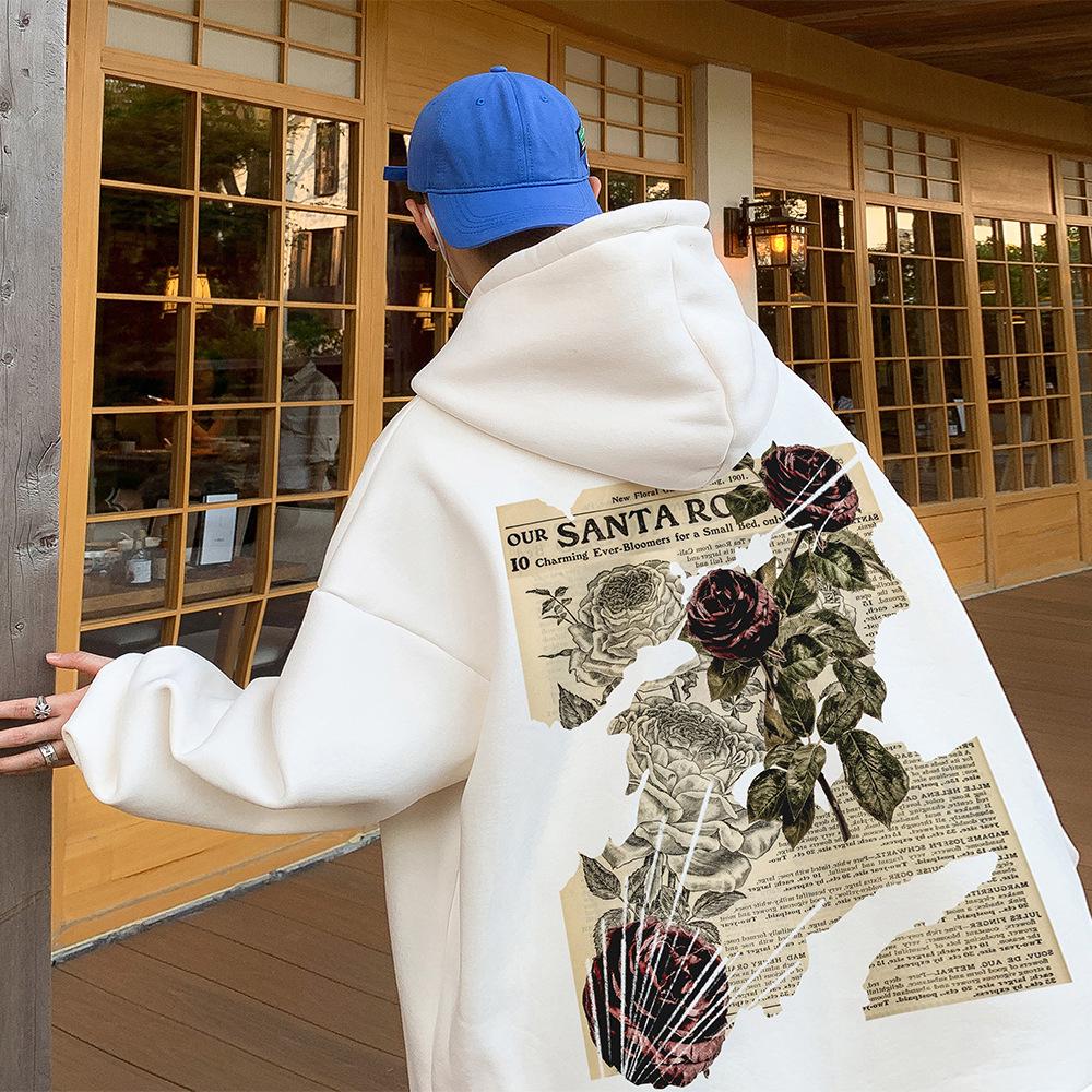 Men's Rose Print Hooded Sweatshirt: Heavyweight, Loose-Fit, Trendy American Retro Jacket for Spring & Autumn.