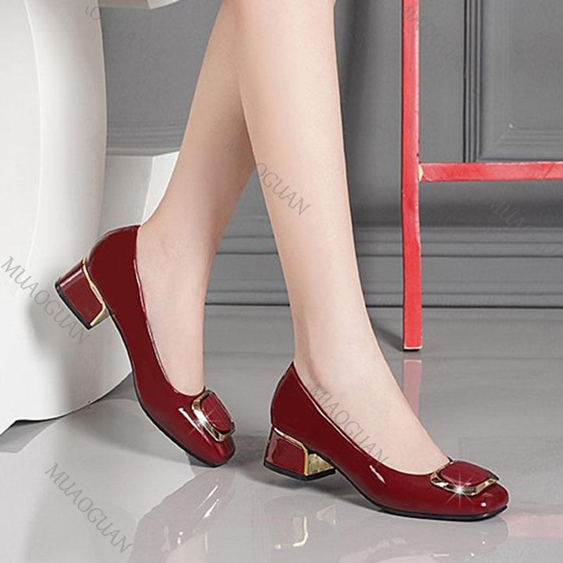 Модная женская обувь на плоской подошве 2025 весна-осень новая с мелким вырезом на толстом среднем каблуке рабочая женская обувь с круглым носком кожаные туфли-лодочки