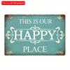 2D Flat Wooden 30*20cm Rustic Wall Sign - "This Is Our Happy Place" Plaque for Porch, Home & Farmhouse Decor, Teal Background with Stylish Lettering