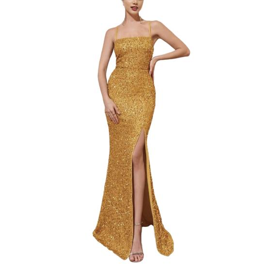 Женское длинное вечернее платье с блестками, квадратным вырезом, открытой спиной и разрезом