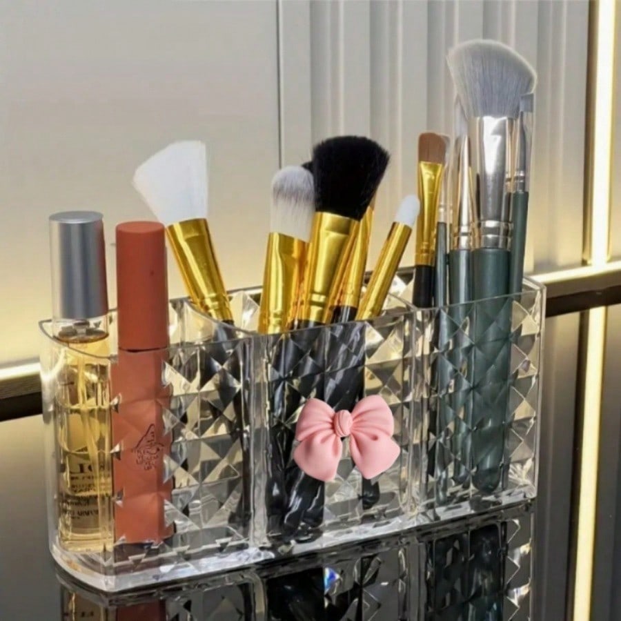 1Pc Cute Makeup Brush Storage Box With Multiple Compartments And Bow Decoration