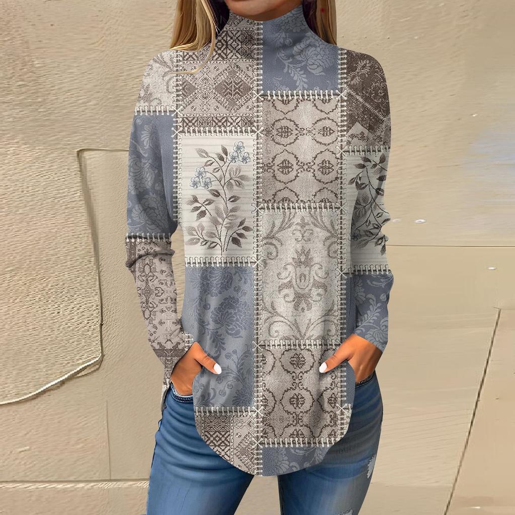 Женская модная повседневная футболка с длинным рукавом с высоким воротом и принтом, пуловер, топ