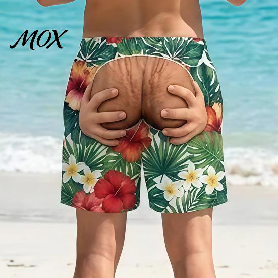 Funny Gift for Men Hairy Booty Shorts, Cheeky Swim Trunks, 3D Fun Flamingo Pattern Shorts Butt Print Beach Summer Vacation Pool Party Surfing Gear