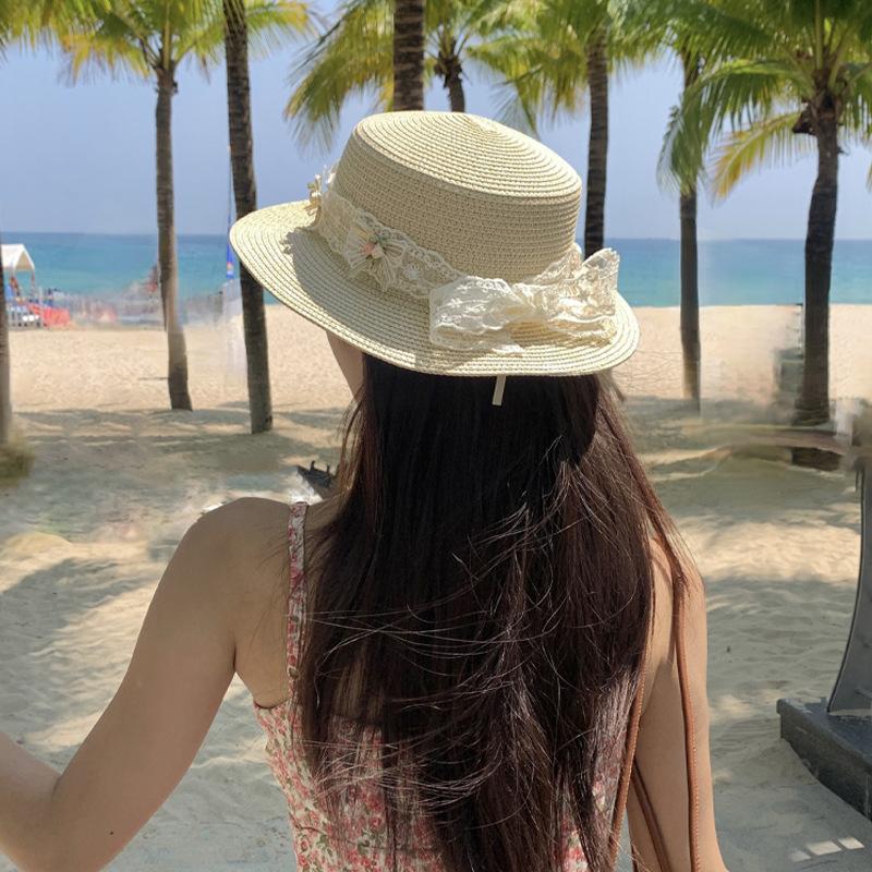 French Lace Bow Strap Straw Hat Women's Spring and Summer Vacation On The Beach and Travel On A Large Brim Sun Protection Flat Top Straw Hat