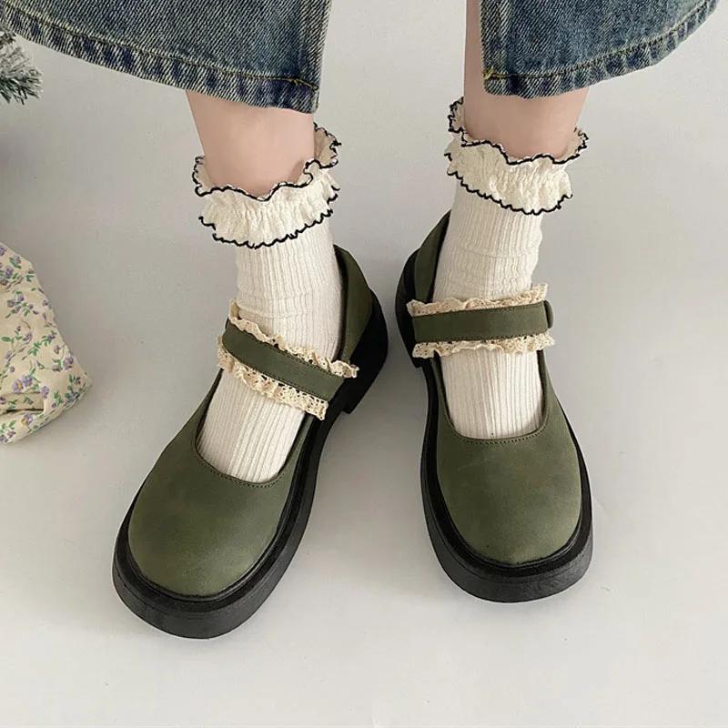 Женские туфли на каблуках с милой кружевной отделкой и круглым носком Туфли Мэри Джейн с пряжкой на липучке Модные туфли на платформе с широким каблуком в стиле Лолиты