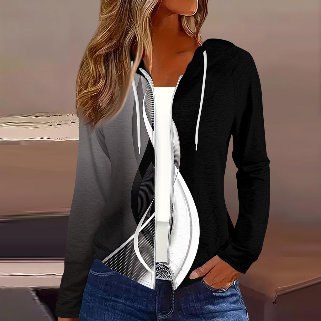 Women's Fashion Casual Zip Up Hooded Print Long Sleeve Sweatshirts Coat