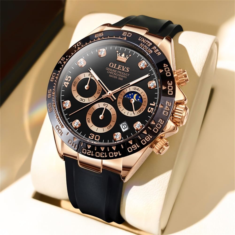 OLEVS Men's Sports Quartz Chronograph Watch Black Silicone Strap Rose Black Dial Date Display 41.5mm Waterproof