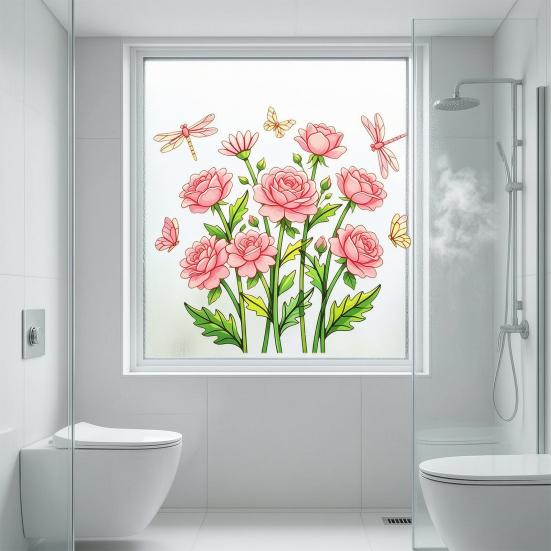 Static Glass Sticker, Soft Roses Decal with Dragonflies And Butterflies, No Glue Waterproof Sunproof Window Film for Bedroom Living Room Balcony