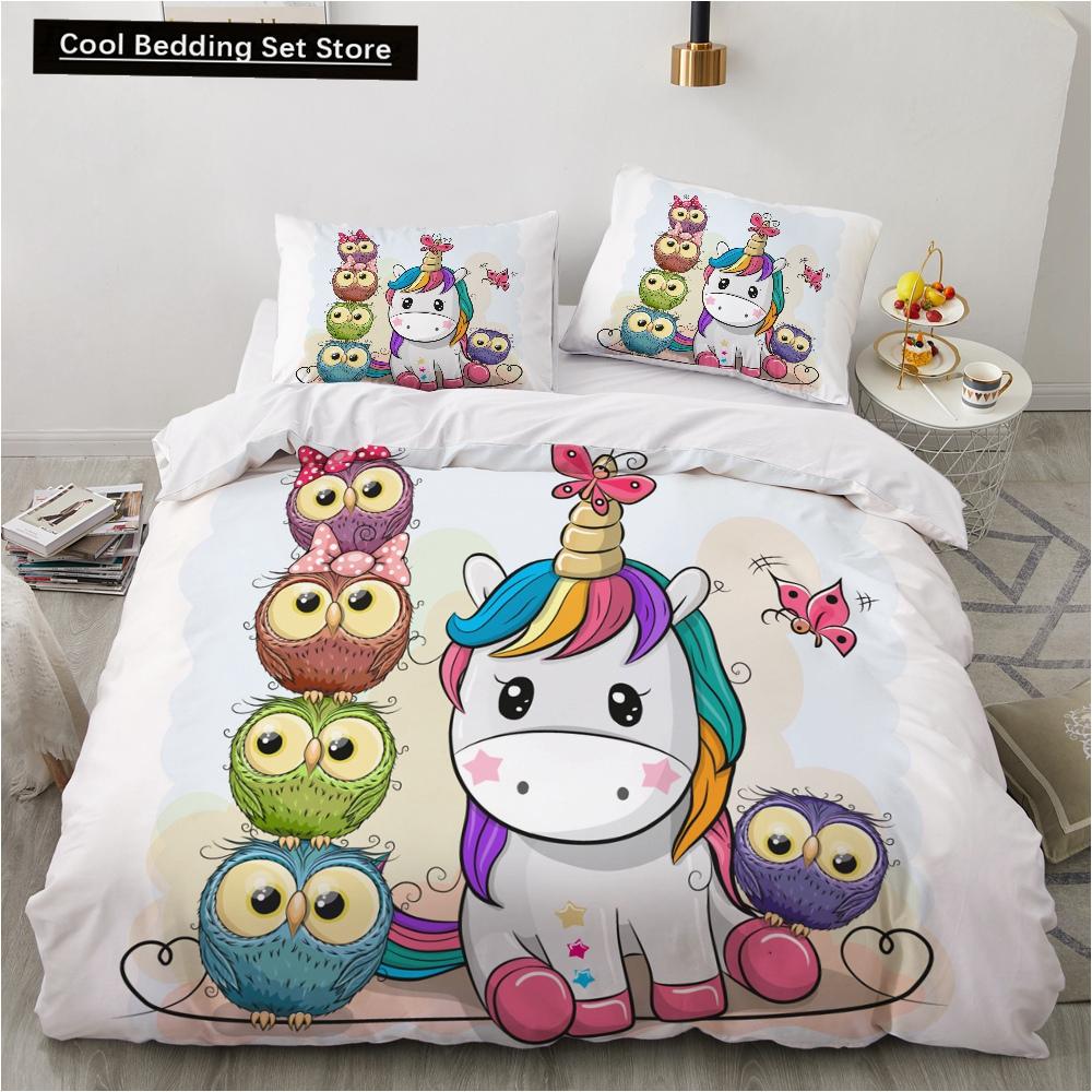 Детский детский розовый комплект постельного белья Queen King Cartoon Unicorn Белый пододеяльник Twin Полный цветной 2/3 шт полиэстеровый пододеяльник