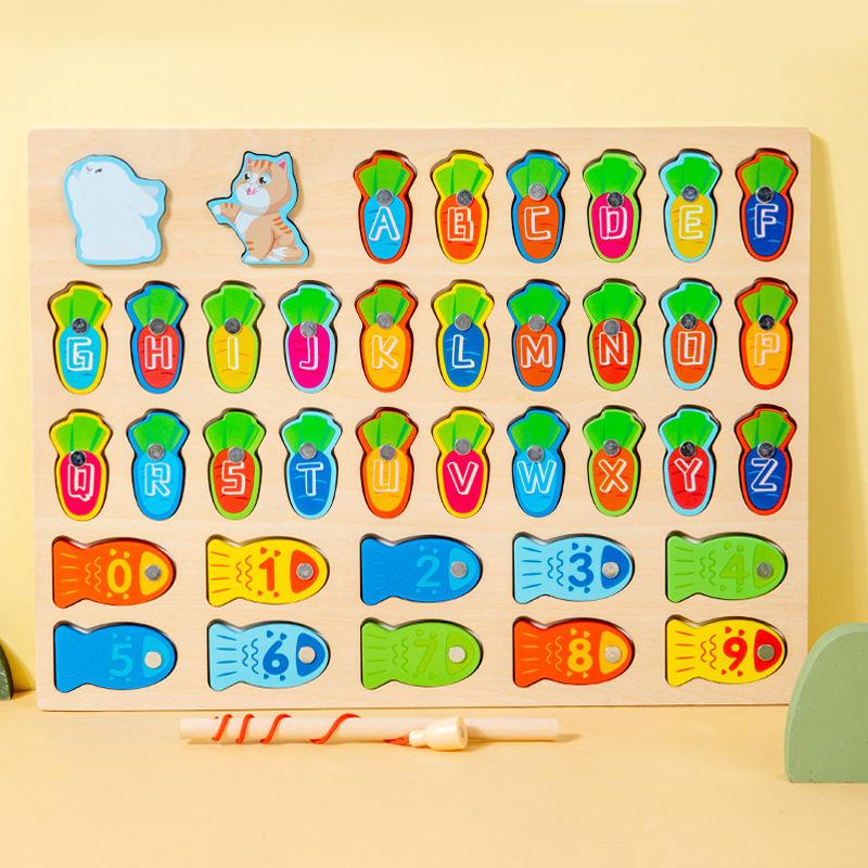 Детская развивающая головоломка, цветная, буквенно-цифровая, когнитивное сопоставление, рыбалка, деревянная настольная интерактивная игра