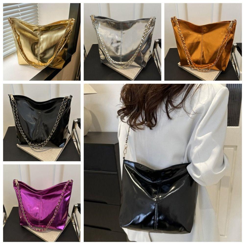 Large Capacity PU Leather Tote Bag Solid Color Women Handbag Retro Chain Shoulder Bag Party