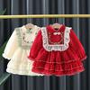 Детская одежда Платье для девочек Осень и зима Детское китайское кружевное вышитое платье принцессы с длинным рукавом для малышей