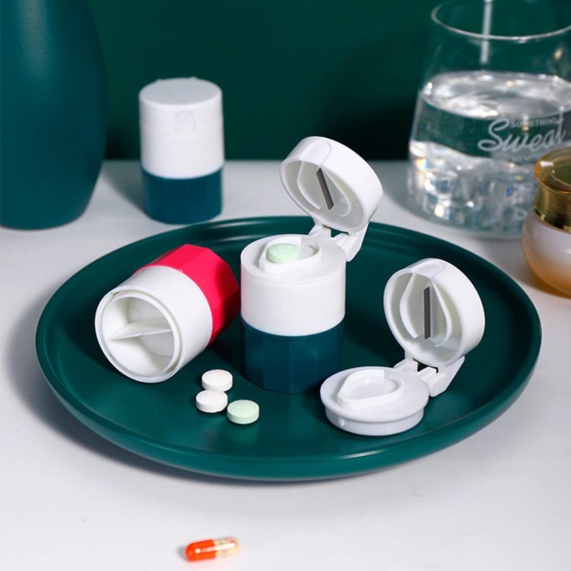 4 In 1 Portable Pill Medicine Crusher Splitter Tablet Divider Cutter Drugs Storage Box Powder Tablet Grinder 4 Layer Travel Pill Box
