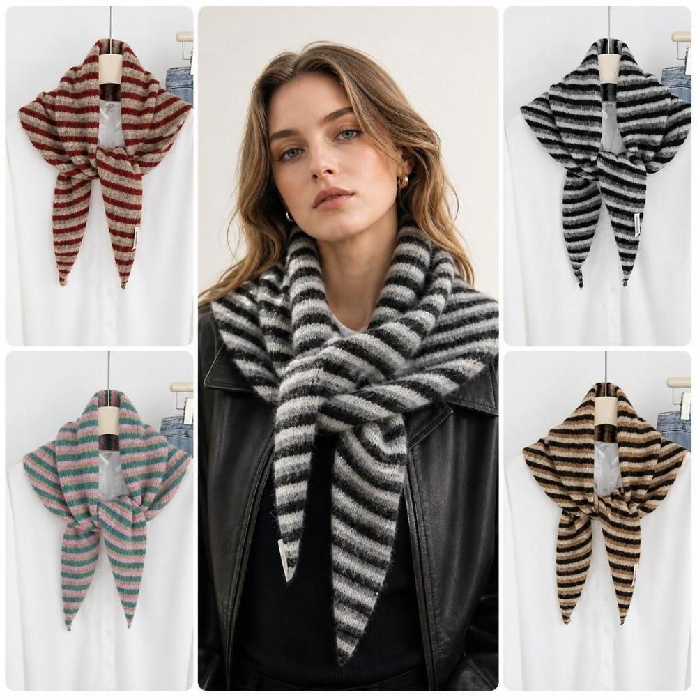 Lightweight Knitted Triangle Scarf Striped Pattern Winter Neckerchief Wool Shawl Scarf Women