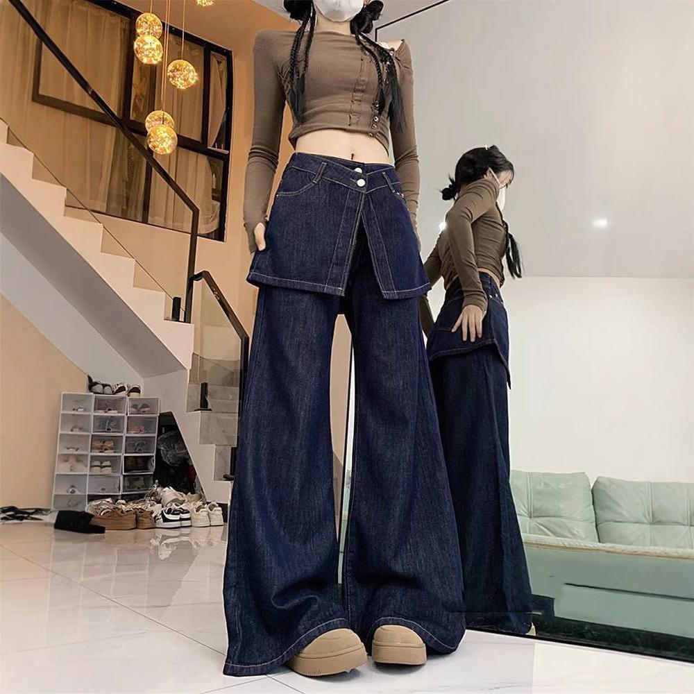 Two-piece Jeans for Women In Autumn New American Retro High Waist Drooping Wide-leg Floor Trousers