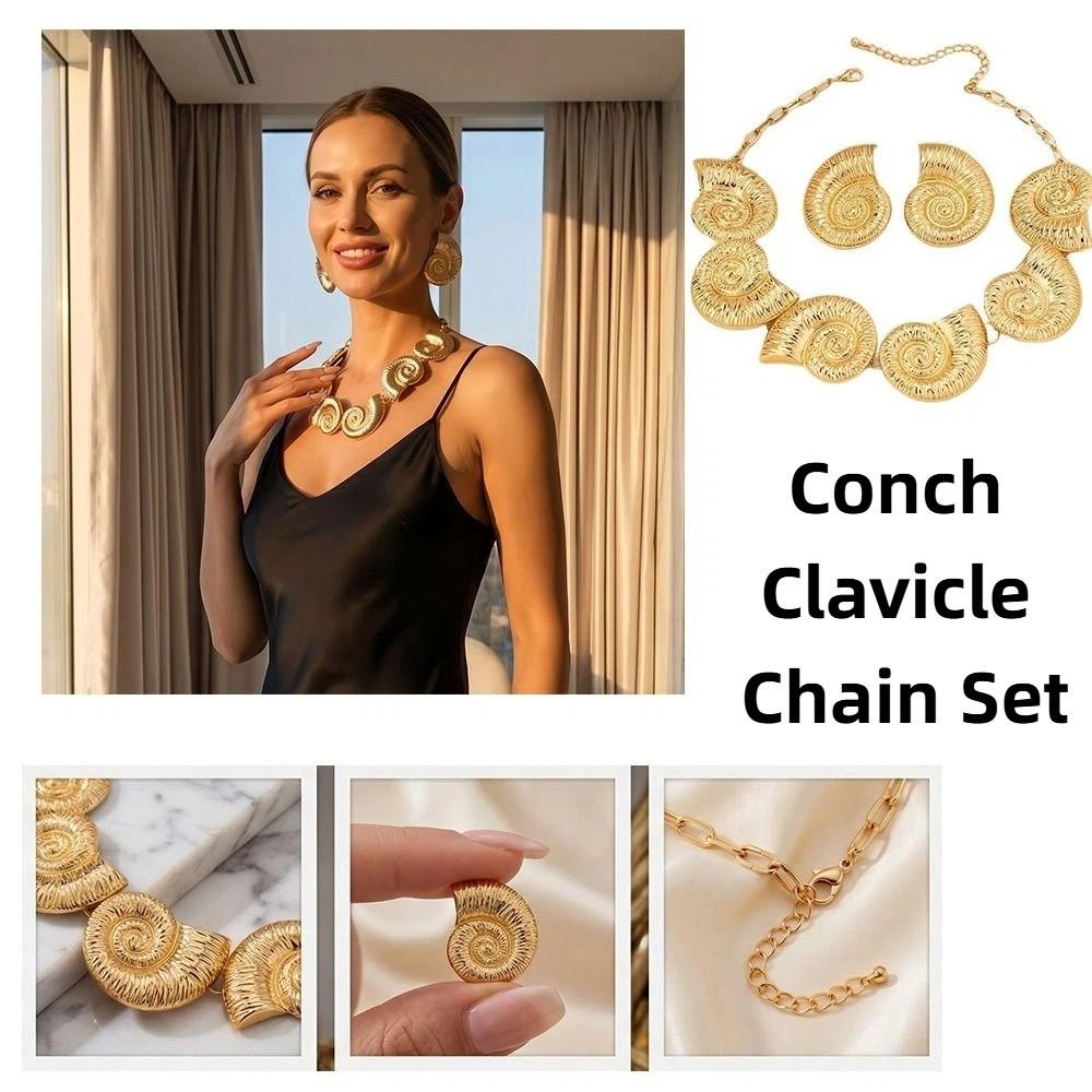 Metal Conch Collar Pendant Retro Trendy Necklace Earring Set Conch Clavicle Chain Set Jewelry