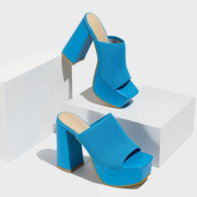 Модные вязаные тапочки на платформе в стиле Рим, массивный высокий каблук, женские туфли-лодочки с открытым носком, женская обувь, сандалии, размеры 35-42