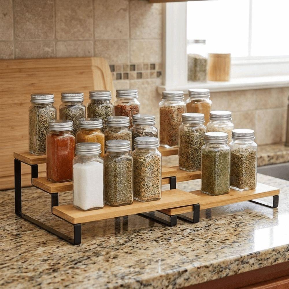 Large Capacity Expandable Step Storage Rack Bamboo Model Display Stand For Kitchen