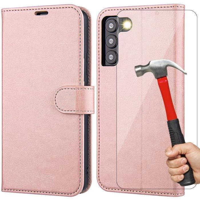 Coque et Verres Trempés - Booling - pour Samsung S22 Ultra - Rose - Effet Cuir - Anti Rayure