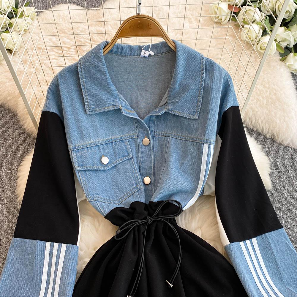 Новое контрастное джинсовое платье в стиле пэчворк с лацканами, женское дизайнерское платье Sense с завязками на талии, утягивающее длинное платье