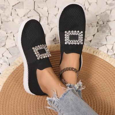 Повседневные туфли 2025 года, хит продаж, стразы, квадратная пряжка, сетчатая поверхность, дышащая, мелкий носок, толстая подошва, одна педаль, летающие плетеные туфли, большой размер