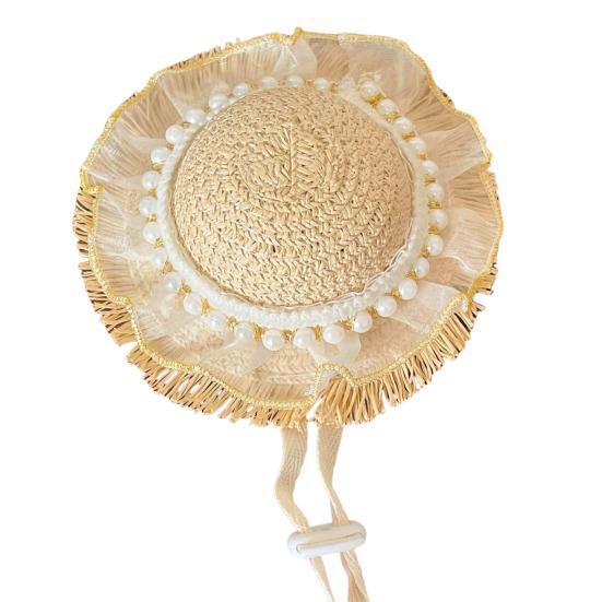 Mini Pet Straw Hat with Lace Adjustable Sun Protection Straw Hat with Bow Handwoven Outdoor Pet Accessory for Small Cats And Dogs