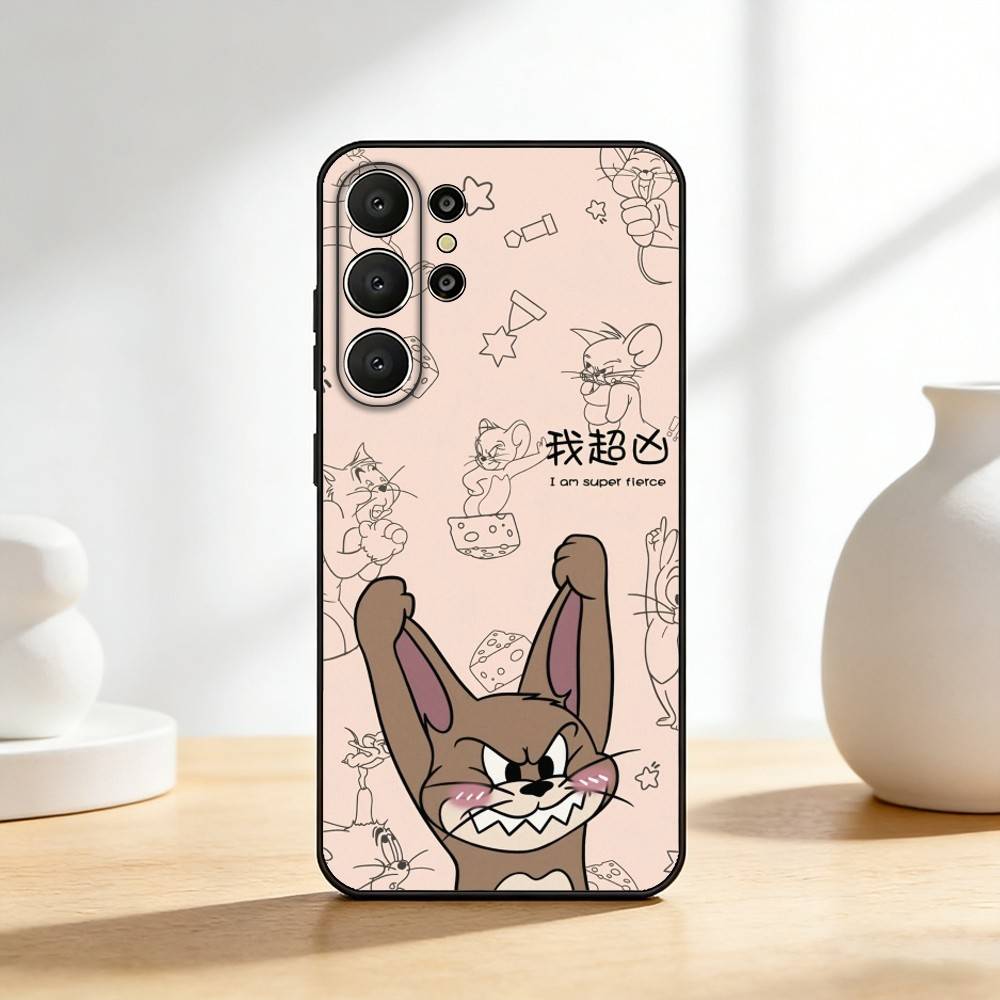 Забавный чехол для телефона T-TomS Cartoon JerryS для Samsung S26,S25,24,23,22,30,21,10,9,Ultra,Plus,Lite,FE Мягкий черный чехол