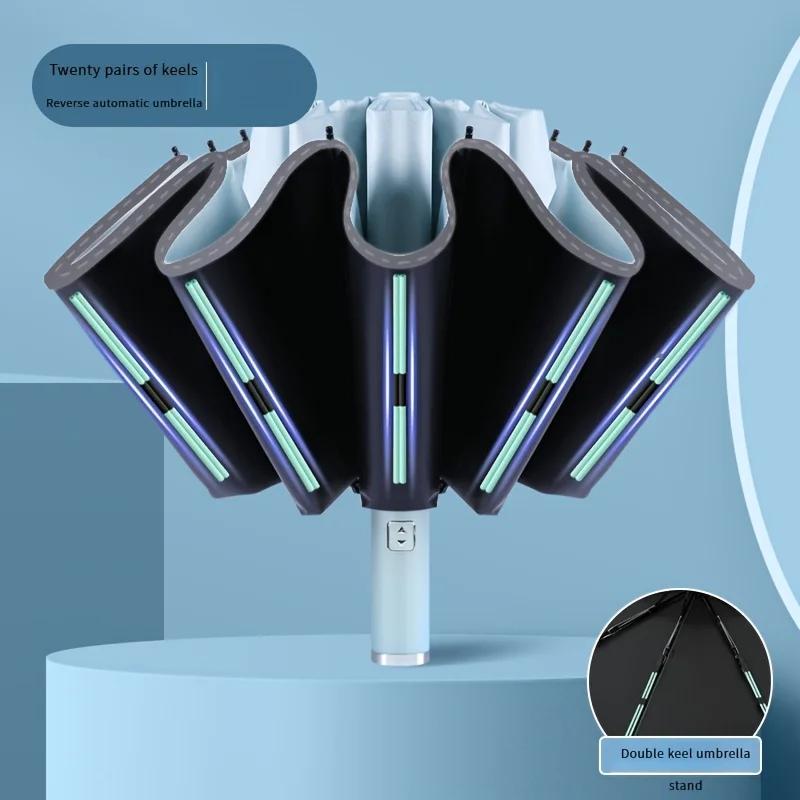 Compact In Size, the Gem-blue Automatic Reverse Umbrella Is Waterproof and UV-resistant.