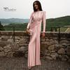 Women Evening Dress Pleated Knot Decor Slim Fit Round Neck Back Zipper Closure Full Length Wedding Party Prom Maxi Dress