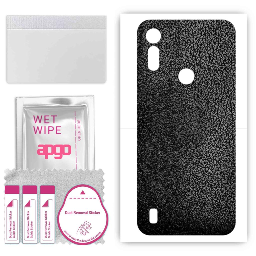 apgo Protective Skin Sticker for the Back Compatible with Motorola Moto E6i, Wrap Film, Foil, Vinyl - Pattern Black Leather