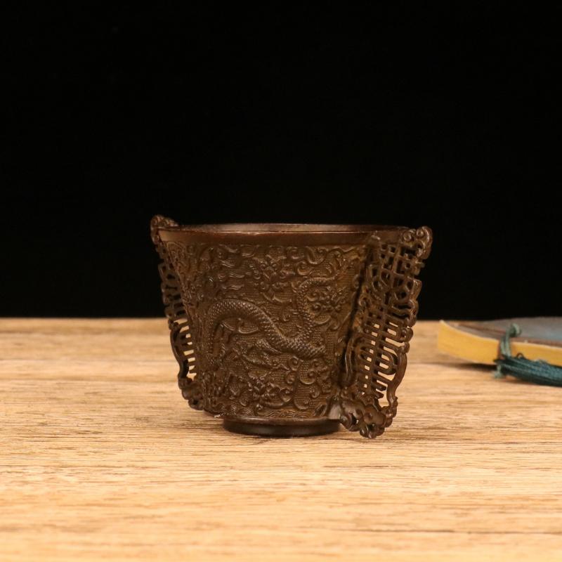 Old Chinese Dynasty Bronze Animal Loong Dragon Phoenix Bird Tea Cup Bowl