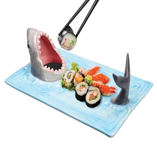 Shark Sushi Plates Handmade Ceramic Shark Shaped Appetizer Tray with Soy Sauce Bowl & Chopstick Rest Microwave & Dishwasher Safe