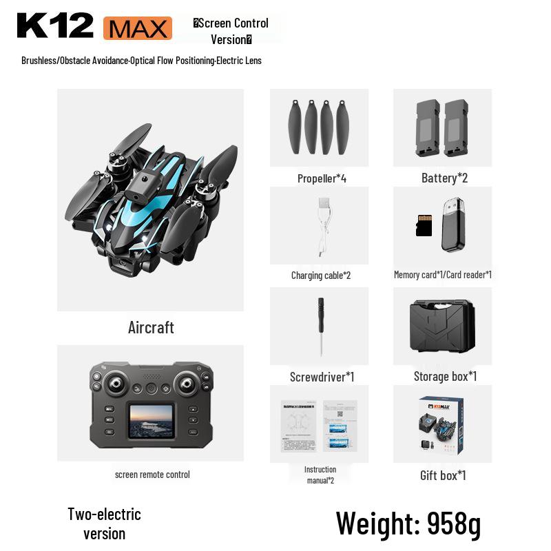 K12Max Drone: HD Aerial Photography, Screen Display, Remote Control, Brushless Obstacle Avoidance Quadcopter