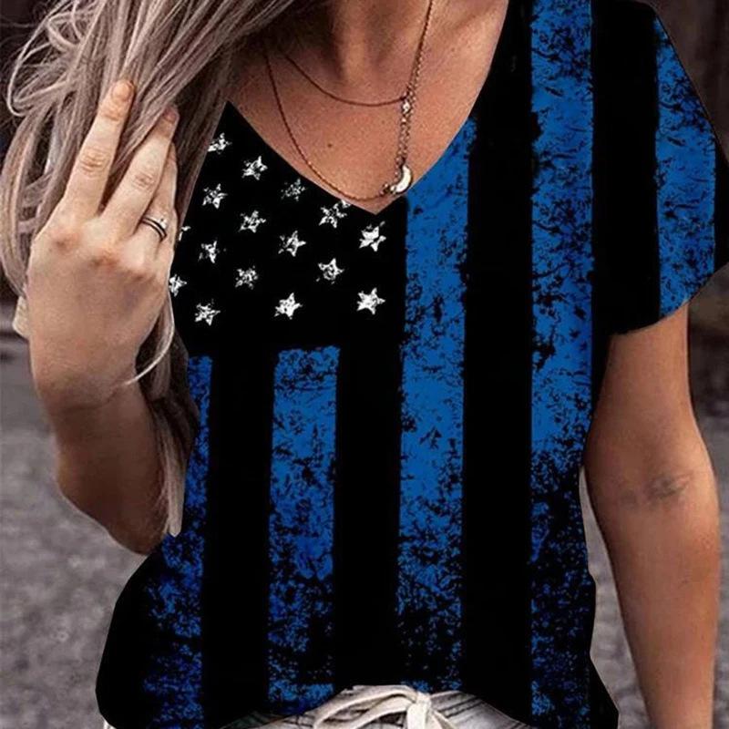 Summer V-neck 3D American Flag Printed Top Fashionable Casual Short Sleeved Women's T-shirts