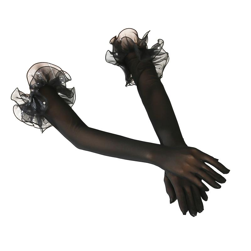 1 пара перчаток для невесты, черные шелковые, 55 см, солнцезащитные, прозрачные, сетчатые, этикетные, варежки с искусственным жемчугом и длинным рукавом, свадебный декор