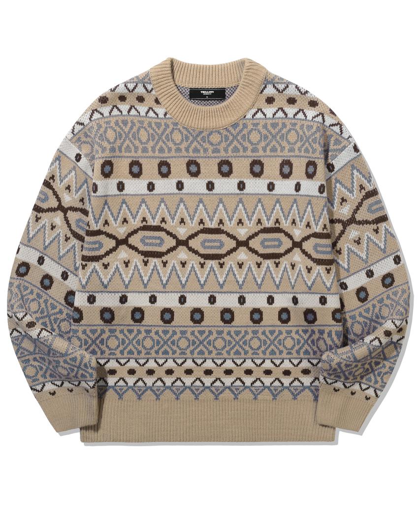 TRILLION Винтажный жаккардовый джемпер Fair Isle с круглым вырезом_Бежевый