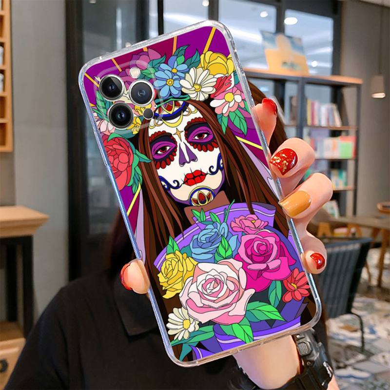 Catrina Beautiful Rose Girl Skull Phone Case For iPhone 14 13 12 11 Pro Max XS X XR SE 2020 6 7 8 Plus Mini Transparent Shell
