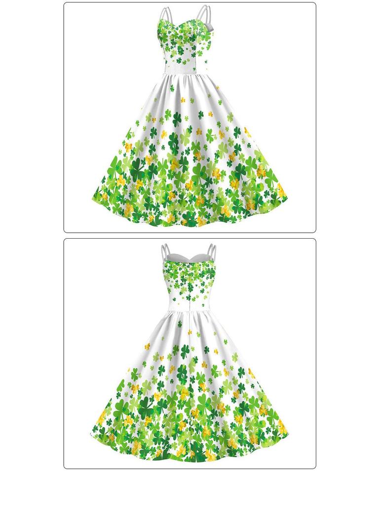 Женское платье с лямками-спагетти и клевером - Ст. Одежда для ирландского фестиваля в День Святого Патрика