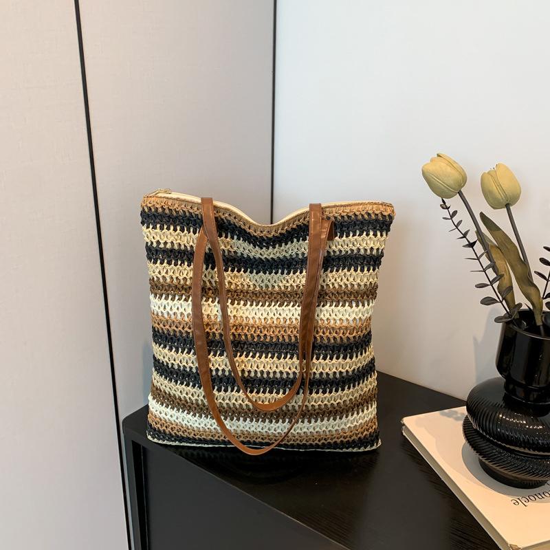 Women Fashion Striped Summer Beach Straw Knitting Shoulder Bag Handwoven Handbags Portable Large Capacity Casual Tote CLE