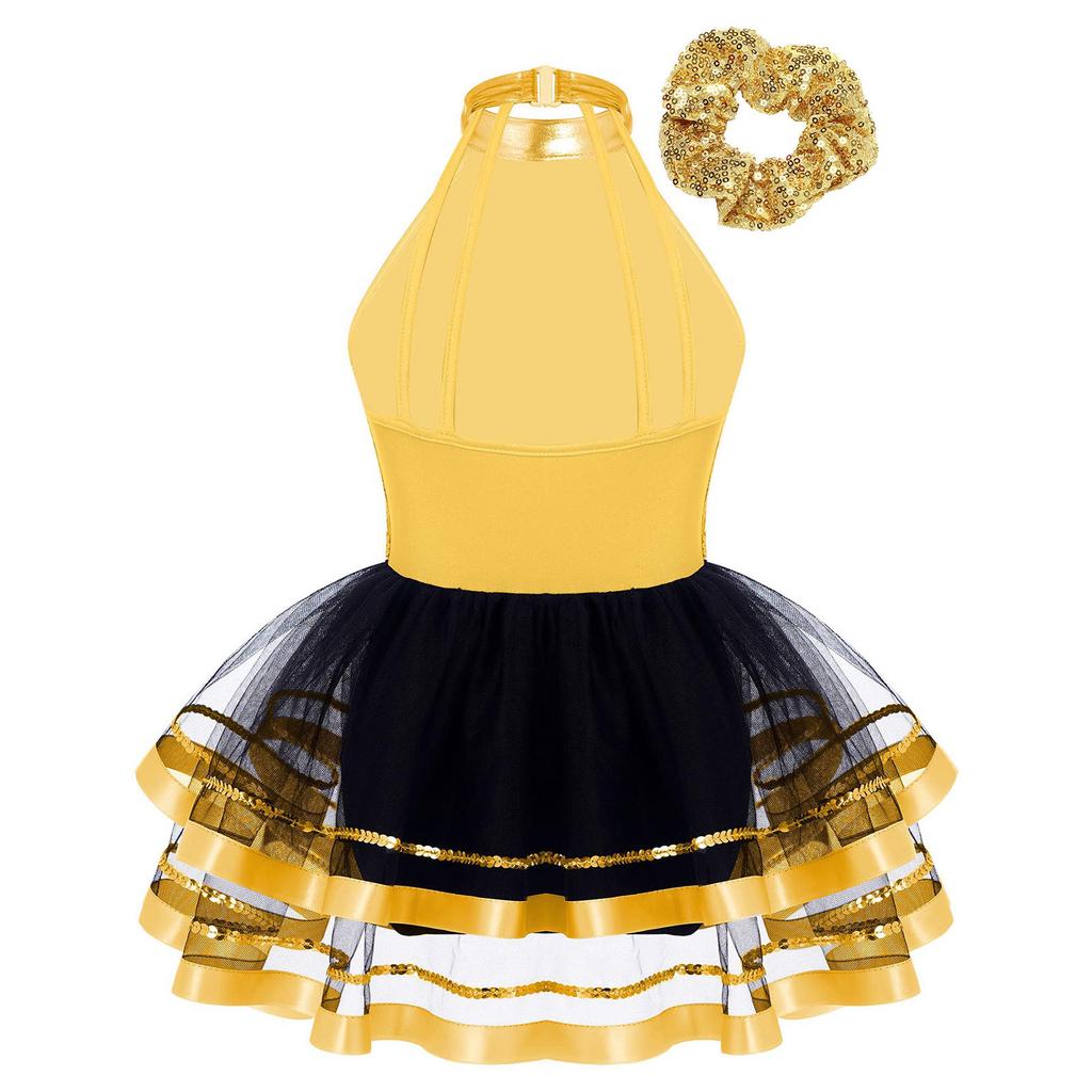 Костюм для танцев для девочек, топ-халтер без рукавов с открытой спиной, платье-пачка, украшенное блестящими пайетками, комплект с головным убором