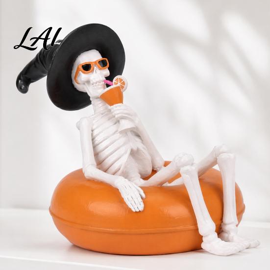 Resin Halloween Decor Ornament Creative Statues Float Ring Skeleton Ghost Figurines Bright Color Item Pool Party Scene Decorations Home