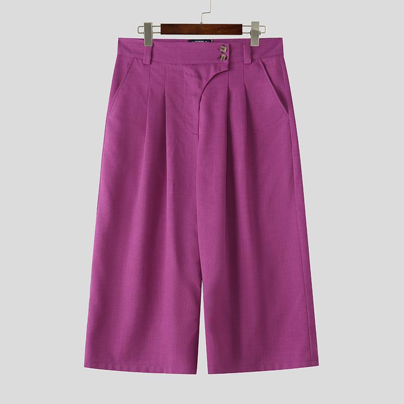 INCERUN Мужские брюки-капри с высокой талией и молнией, однотонные, повседневные, свободные, прямые