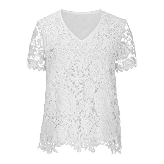Women T-shirt V-neck Short Sleeve Casual Tee Shirt Hollow Embroidery Lace Pullover Tops Streetwear