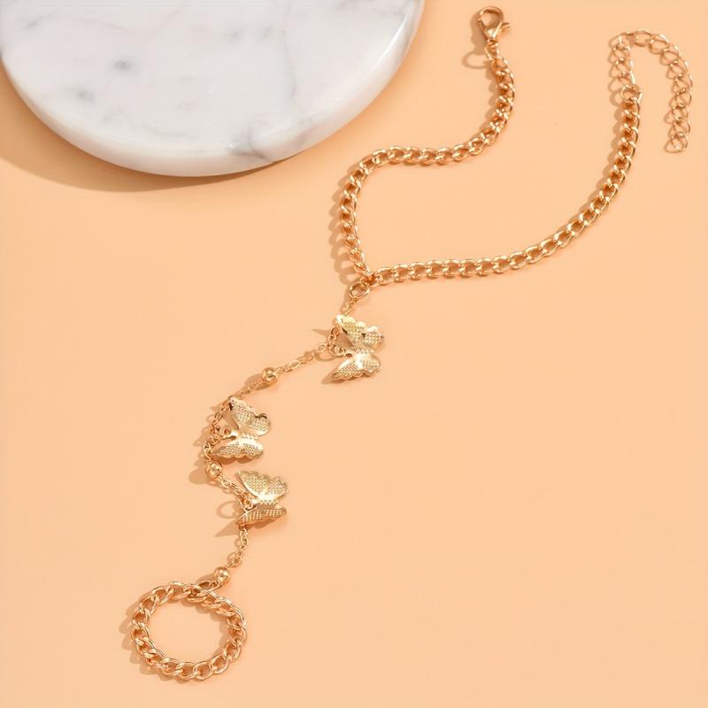 Gold Plated Golden-Plated Butterfly Charm Chain Link Bracelet - Vintage-Inspired Elegant Minimalist Jewelry for Women