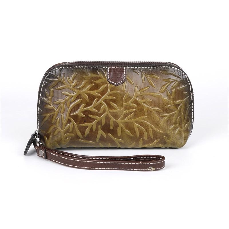 Женская сумка-клатч с тиснением в виде корня, длинные кошельки из натуральной кожи, винтажный дизайн, дамский кошелек на молнии