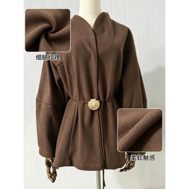 Women Brown Waisted V Neck Long Sleeve Casual Woolen Coat