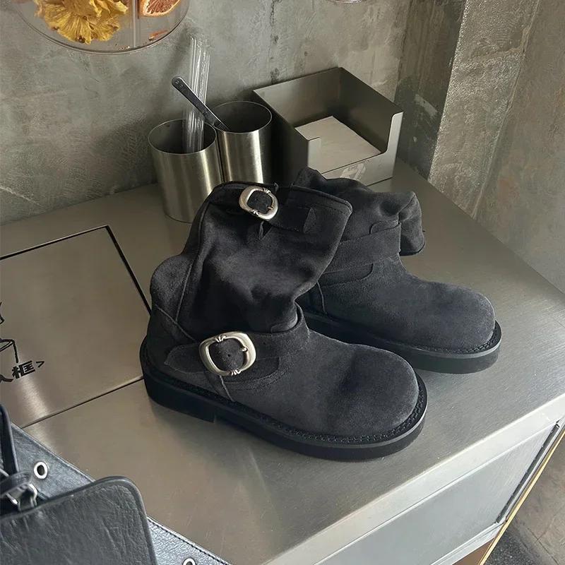 Fashion Retro Style Women Motorcycle Boots Fashion Metal Buckle Platform Heel Short Booties Winter Comfort Women's Footwear
