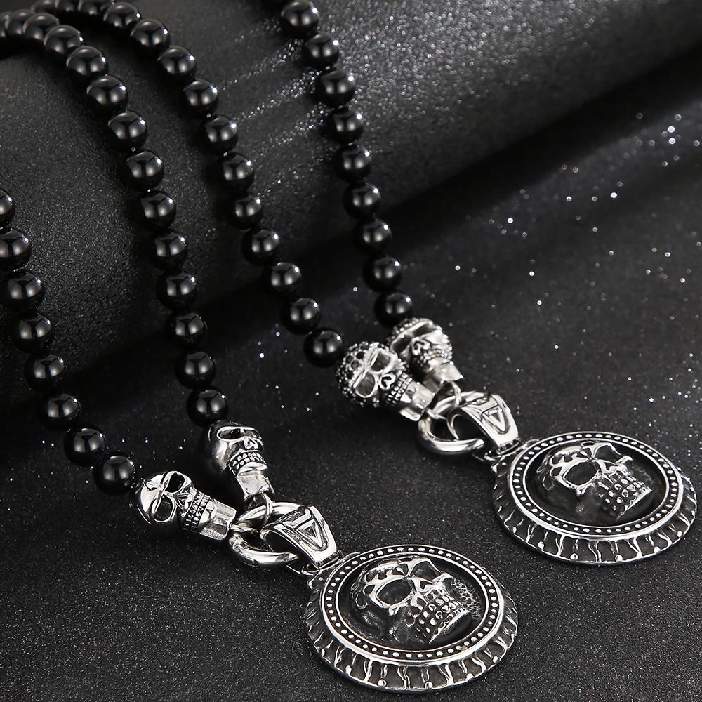Мужское ожерелье в стиле стимпанк с подвеской в виде черепа и лица из фианита для мужчин, ширина 8 мм, длина 50 см, агатовые бусины, цепочка из нержавеющей стали, ювелирные изделия