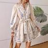 V-neck Fashion Print Waist Long Sleeve Dress for Women