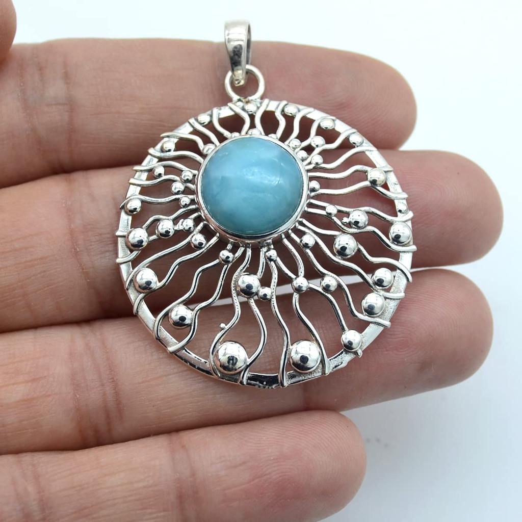 Круглый Кабошон Ларимар (4,80 карата) Ожерелье с подвеской Твердая подвеска из стерлингового серебра 925 пробы с цепочкой Ювелирные изделия для женщин или девочек